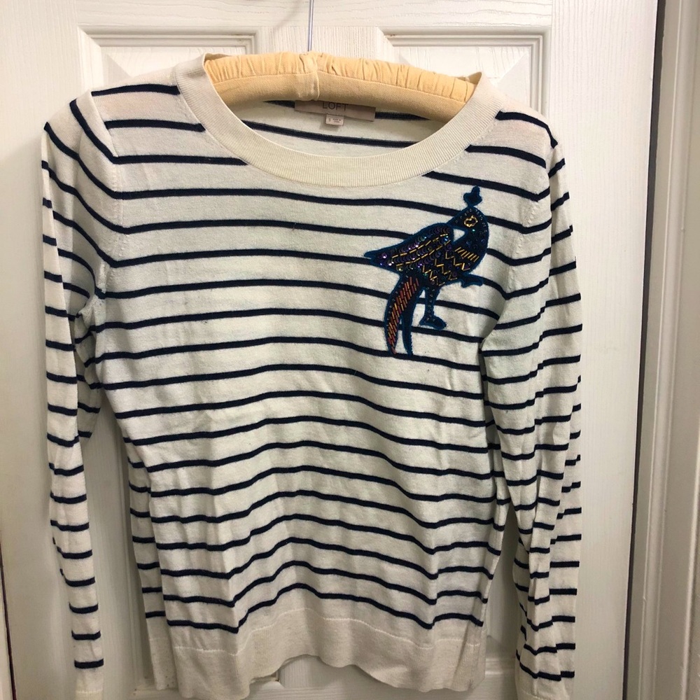 Loft striped sweater with jeweled peacock